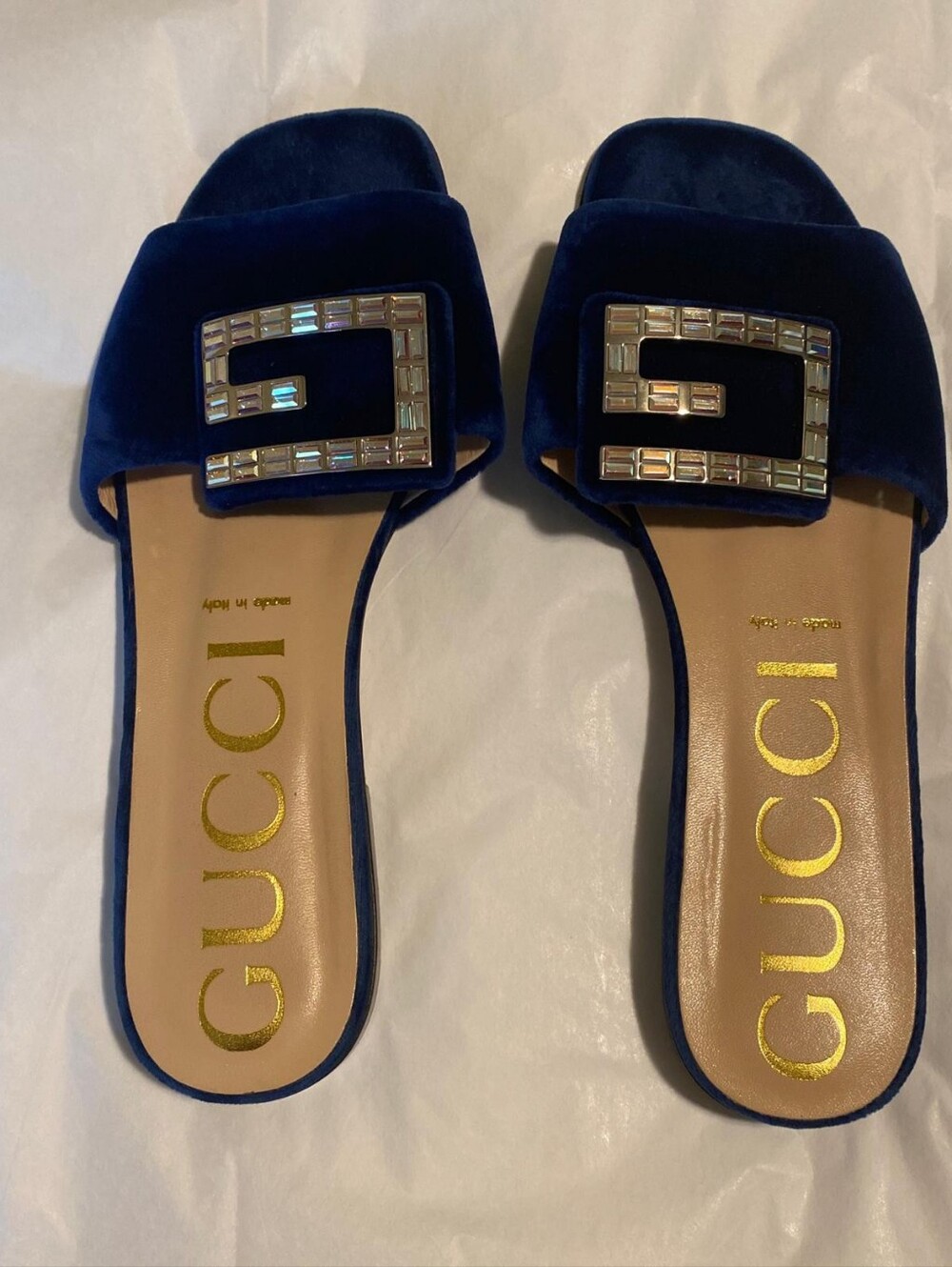 Gucci Madelyn Cobalt Blue Velvet Crystal G Slide Sandals Size 39 EUR US 9 - Picture 3 of 12